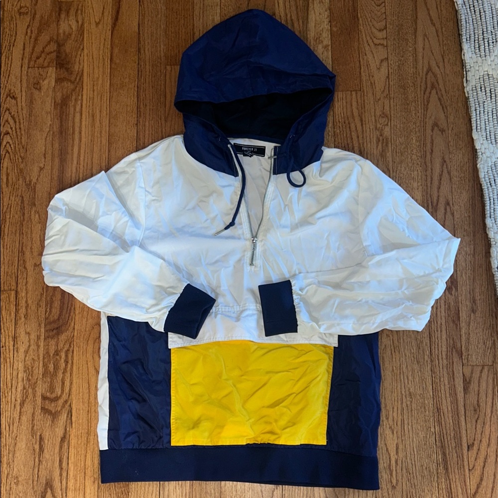 Forever 21 Men's Y2K Retro Navy and White Colorblock Jacket Large